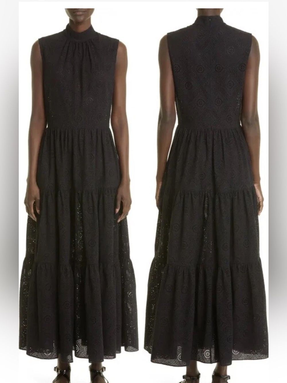 NWT Adam Lippes Sleeveless Tiered Eyelet Detail Mock Neck Dress Black size 6